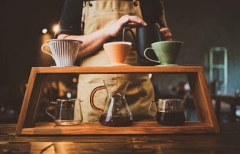 barista brewing a coffee filter drip in the morning beverage drink with fresh black espresso aroma hot drink in cup of cafes brown caffeine in bar shop background | コーヒーステーション