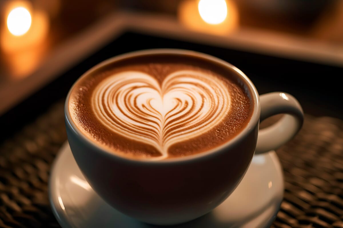 Crafted heart shaped latte art pattern on a frothy cappuccino in a ceramic cup | コーヒーステーション