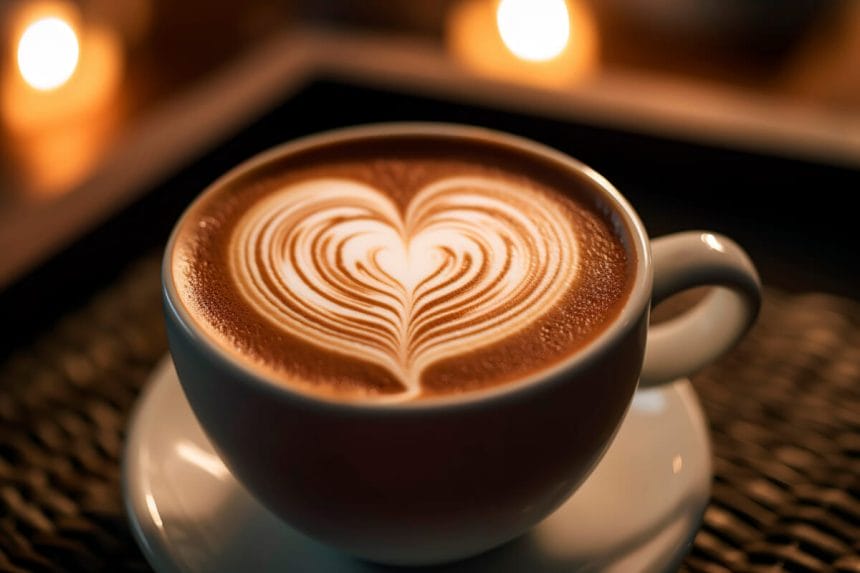 Crafted heart  shaped latte art pattern on a frothy cappuccino in a ceramic cup | コーヒーステーション
