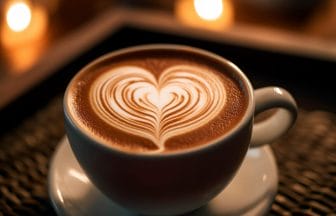 Crafted heart  shaped latte art pattern on a frothy cappuccino in a ceramic cup | コーヒーステーション