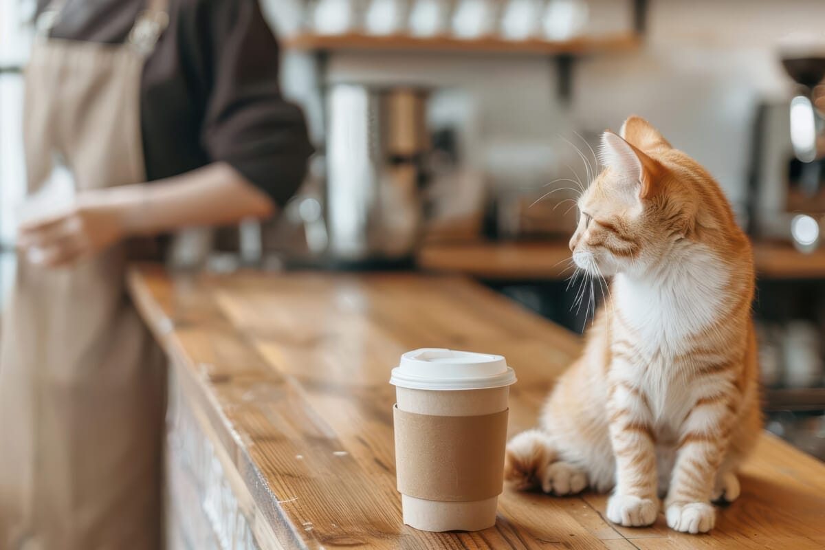 Barista serving coffee with a cat on the counter stylish cat ca | コーヒーステーション