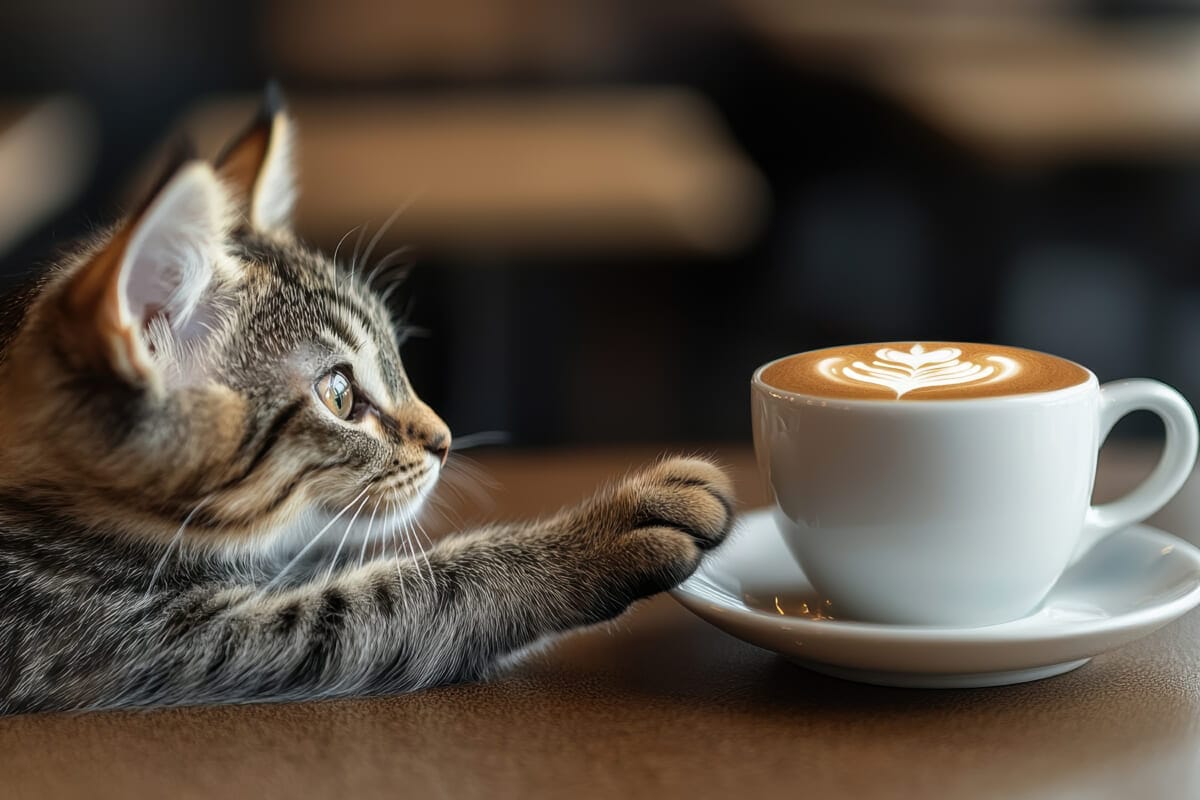 Curious cat reaching for coffee cup cozy cafe setting | コーヒーステーション
