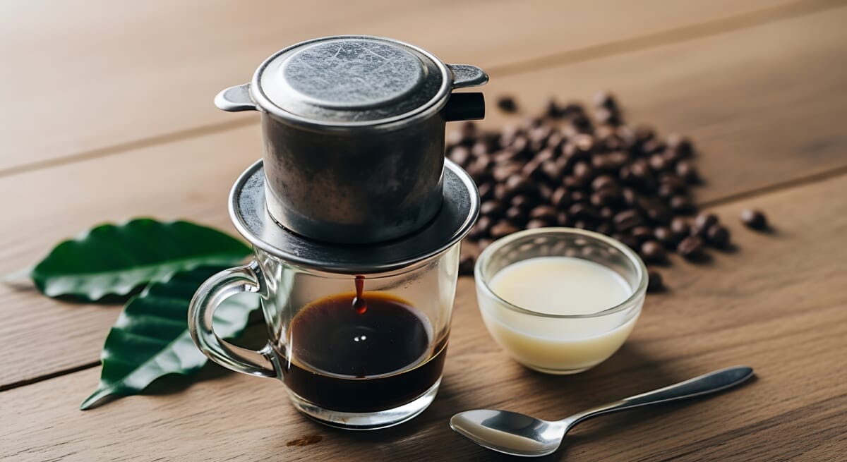 Vietnamese coffee preparation with phin filter and condensed milk | コーヒーステーション