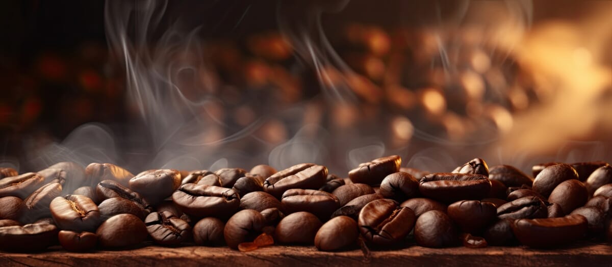 Roasting coffee beans with smoky focus and blur Copy space image Place for adding text or design | コーヒーステーション