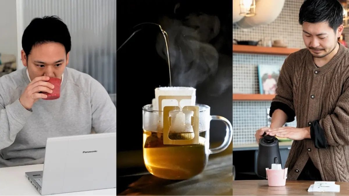 自宅でパソコン作業をする男性、ドリップコーヒーを淹れる様子、そしてドリップケトルで飲み物を準備する男性の3つのシーンを組み合わせた画像です。日常生活やリラックスタイムが伝わります。