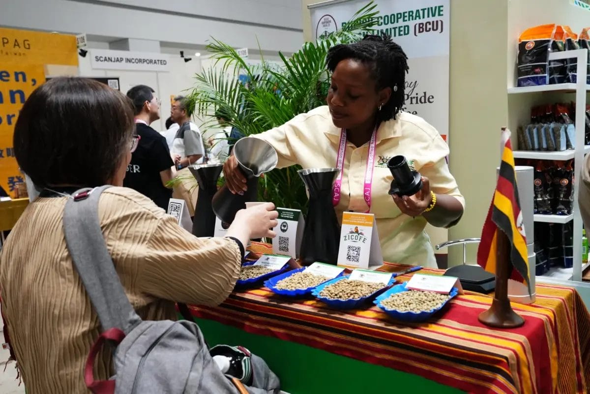 展示会ブースでアフリカ人女性が来場者にコーヒーを注いでいる